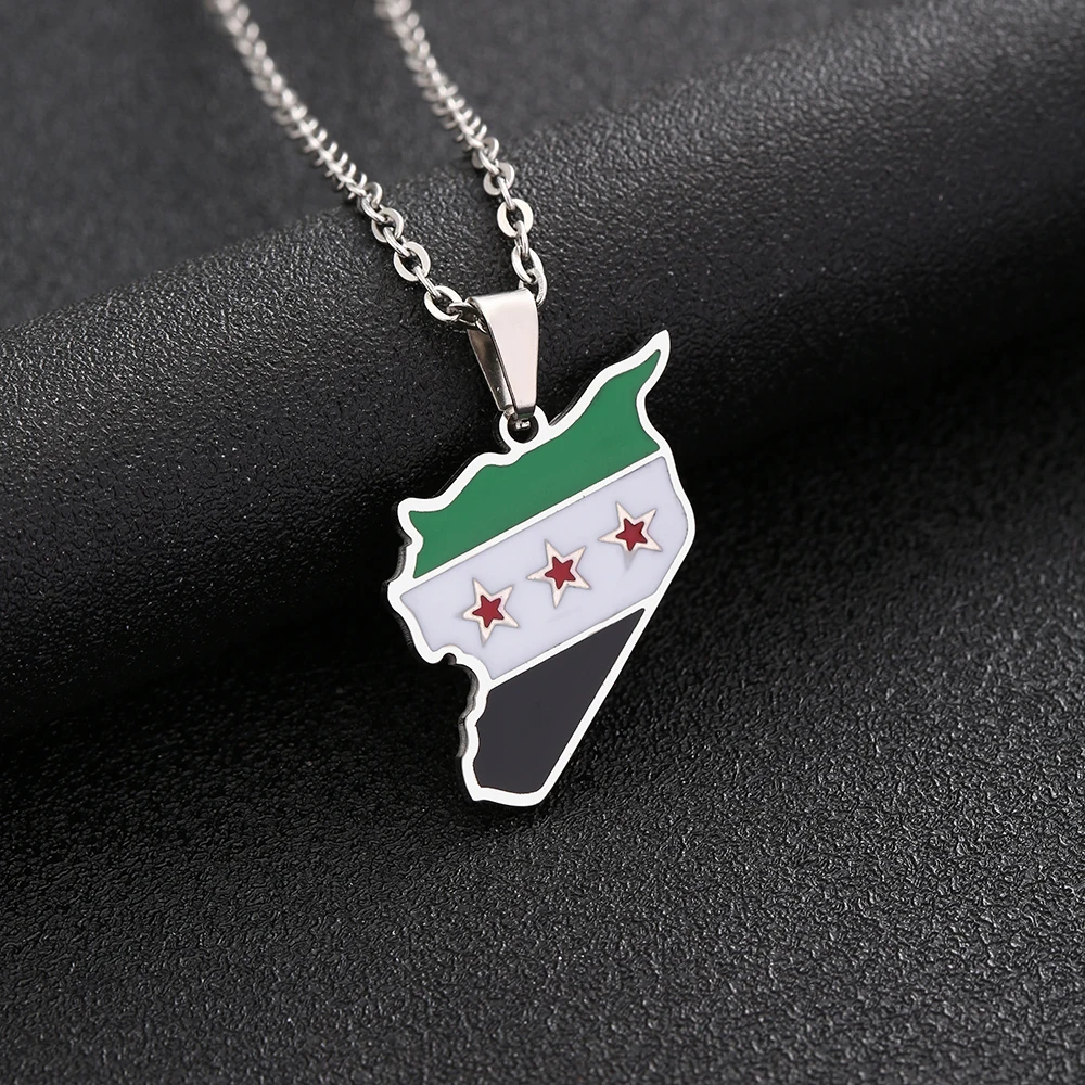 Fashion Free Syrian Army Map Flag Pendant Necklace Stainless Steel Gold/Silver Color Syrians Men Women Maps Jewelry Ethnic Gift