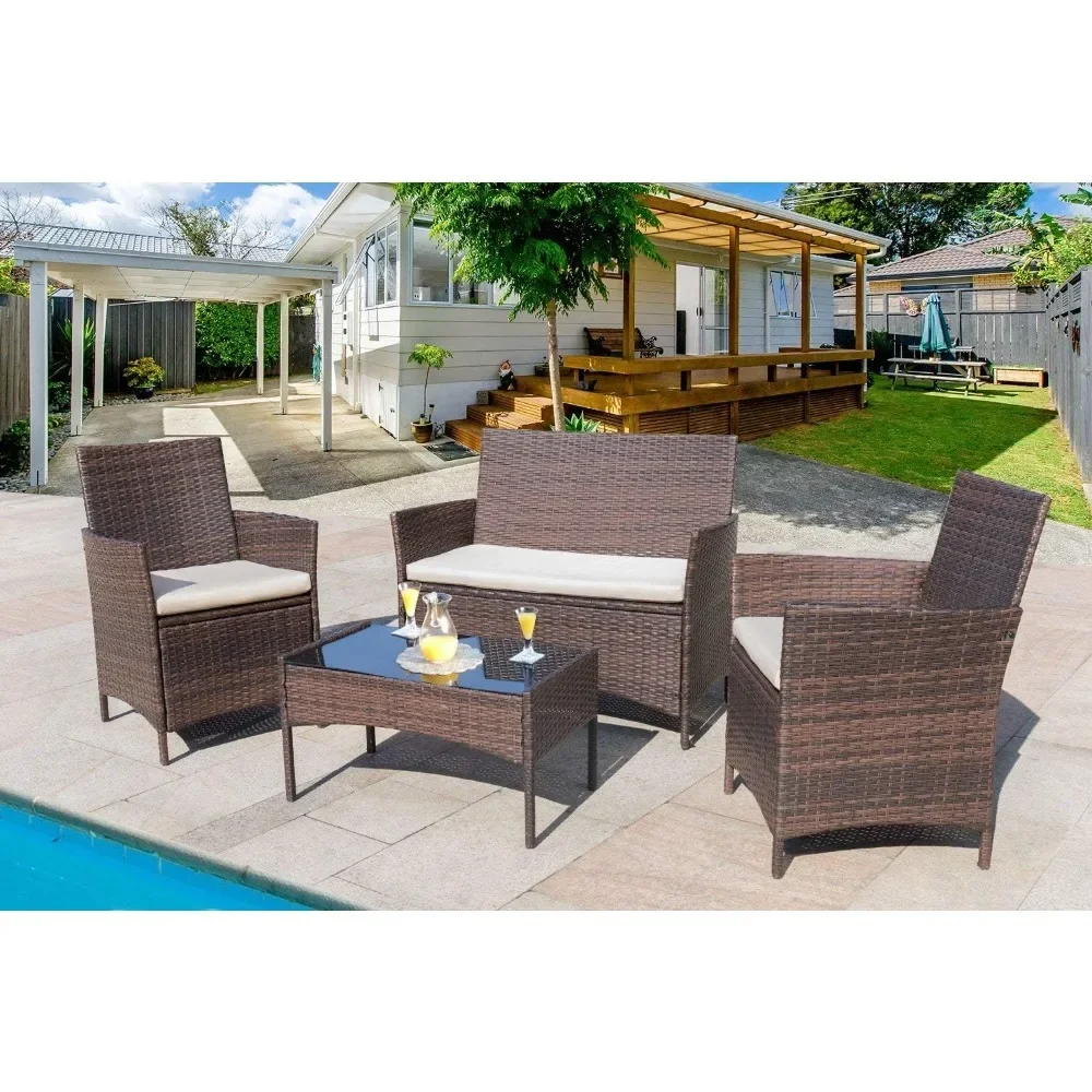 

Outdoor Indoor Use Backyard Porch Garden Poolside Balcony Sets Clearance Brown and Beige 4 Pieces Furniture