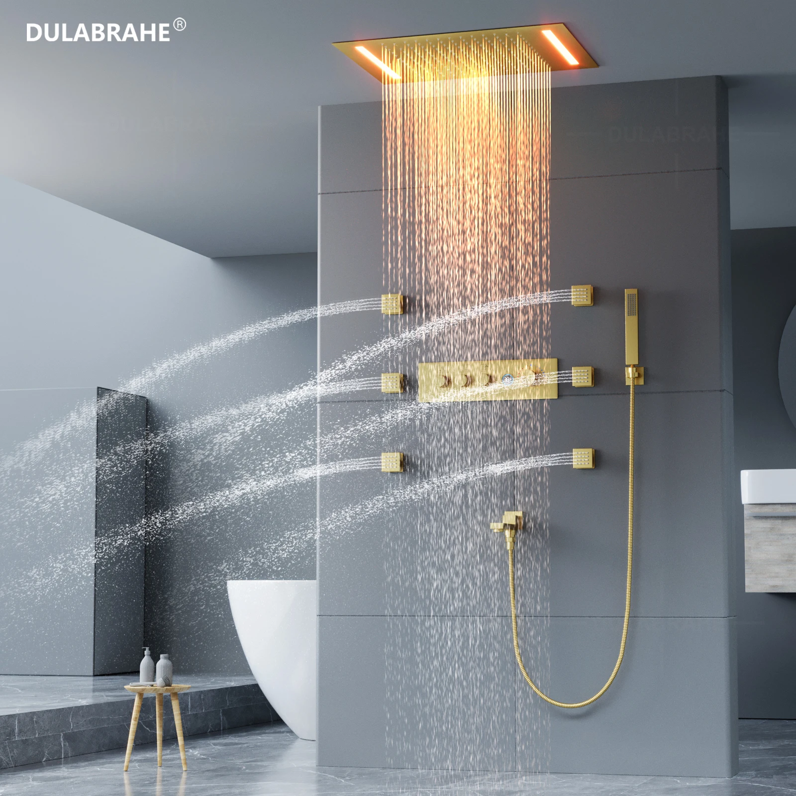 Ceiling Embedded 500*360mm LED Rain Shower Head Bathroom Thermostatic Digital Display Shower Valve Gold Shower Faucet Set