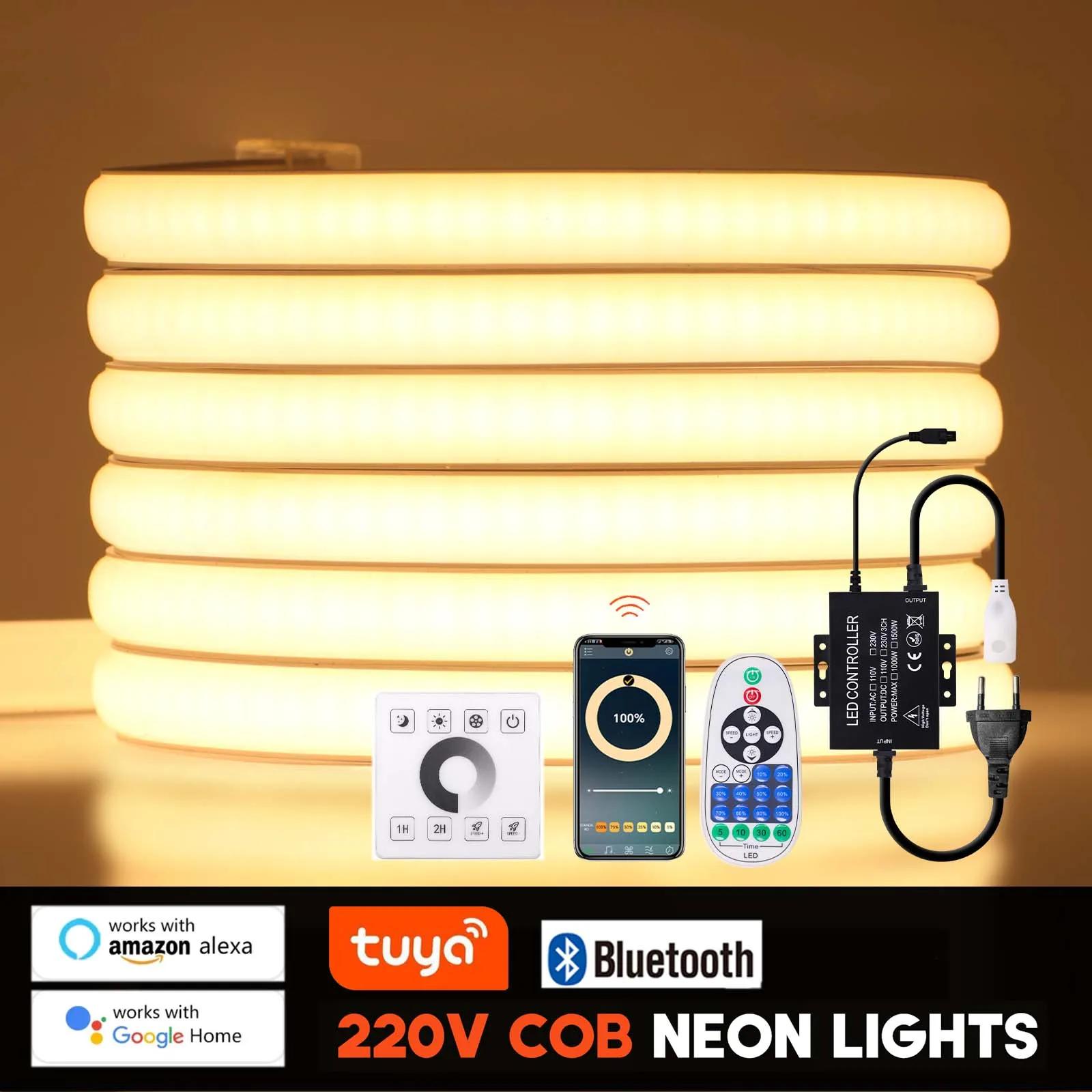 Dimmerable Neon Strip AC 220V COB Tuya WIFI Alexa Control IP65 Waterproof Bluetooth Flexible Ribbon Stripe Tape LED Light EU Set