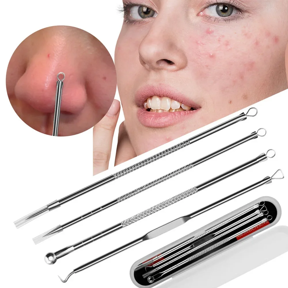 4-Piece Blackhead Acne Remover Set Acne Picking And Squeezing Acne Needle Tweezers Pore Cleaner Skin Care Acne Removal Tool