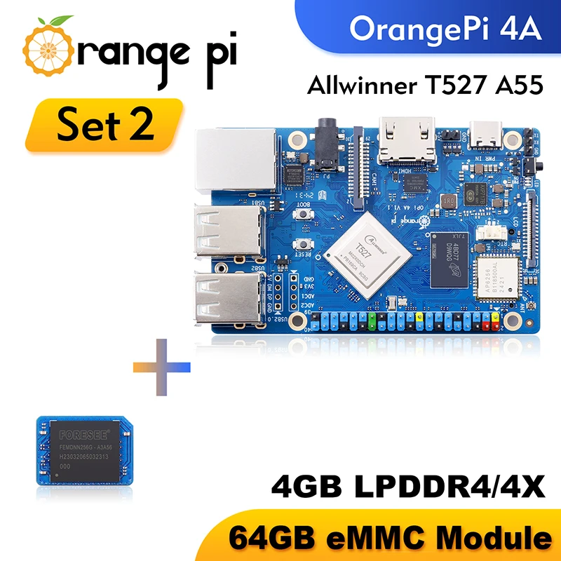 Orange Pi 4A 4GB RAM + 64GB eMMC Module Single Board Computer Allwinner T527 WiFi+BT5.0 BLE M2 NVMe SSD 2TOPS NPU Mini PC