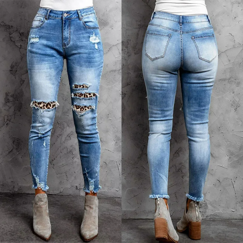 Fashion Women's Trend Leopard Print Stitching Jeans Casual Commuting All-match Skinny Denim Trousers Female and Lady Pants