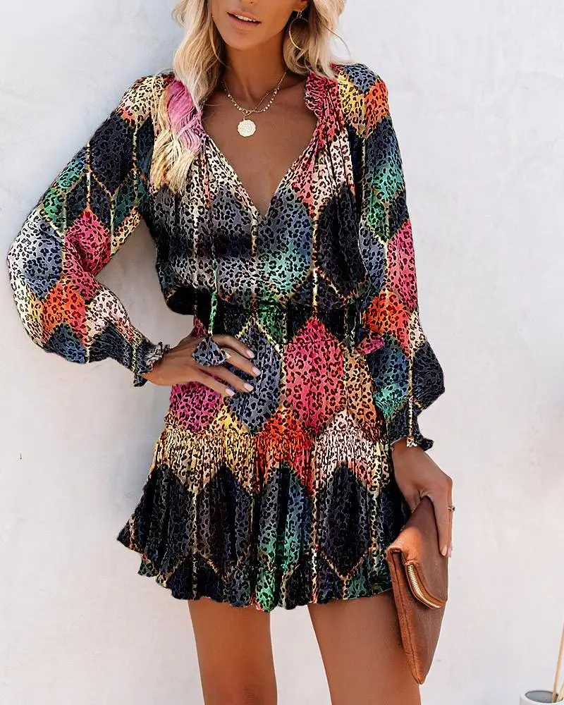Women\'s Long Sleeve Mini Dress V-neck Drawstring Fashion Leopard Printed Waist Tied Dress Elegant Office Lady Dresses For Women