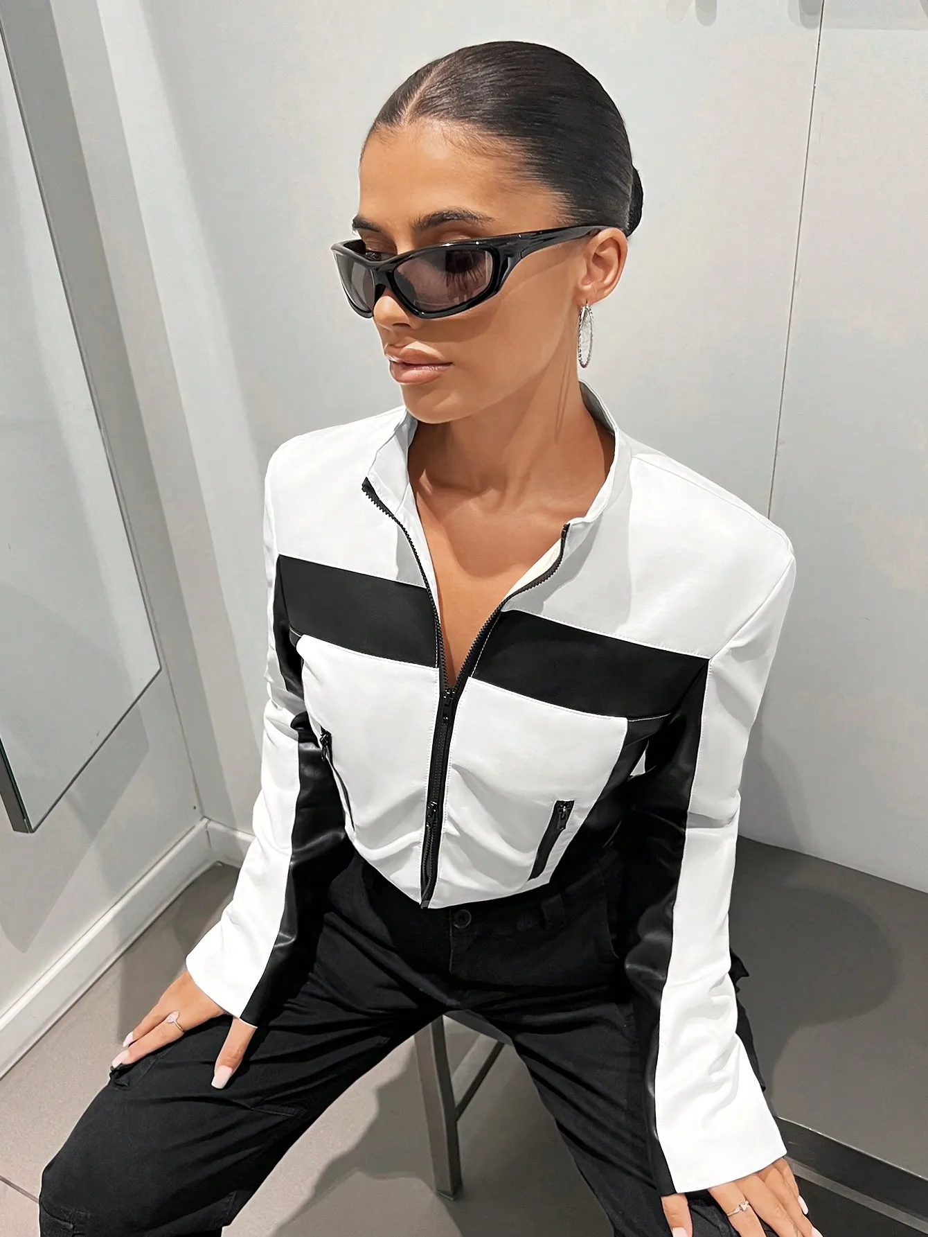 女性用 ジャケット Y2K ブラック ホワイト PU パネル クロップ 25 春夏 ストリート スタイル シティ ライト 週末のお出かけ インフルエンサー レディ