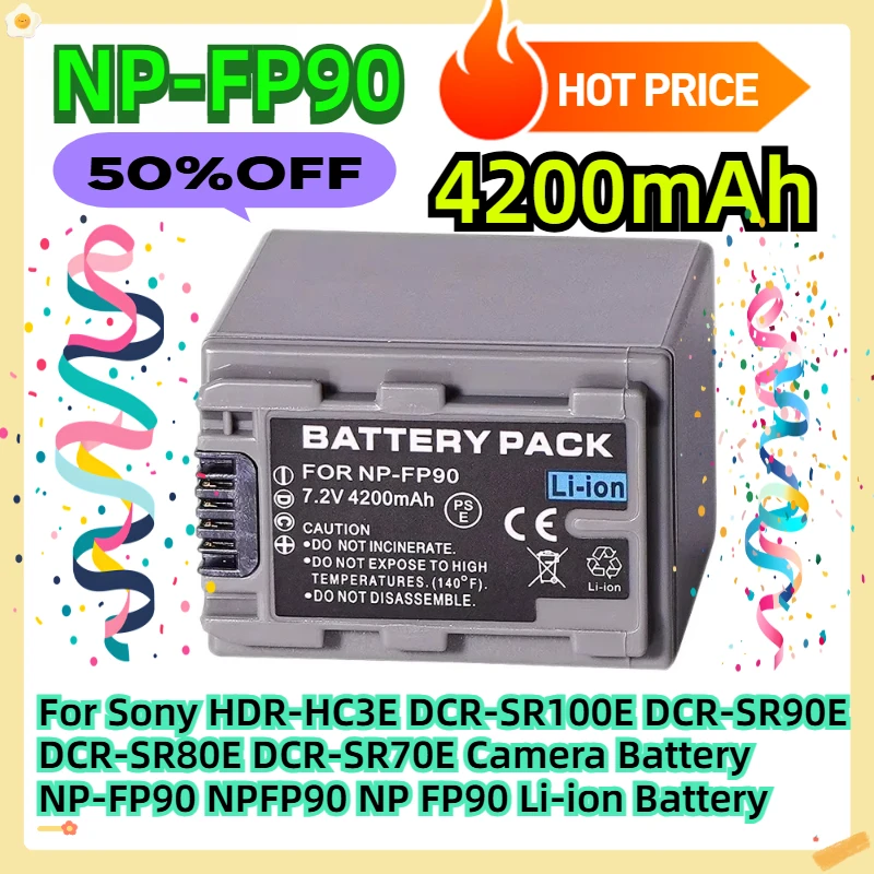 

For Sony HDR-HC3E DCR-SR100E DCR-SR90E DCR-SR80E DCR-SR70E Camera Battery 4200mAH NP-FP90 NPFP90 NP FP90 Li-ion Battery