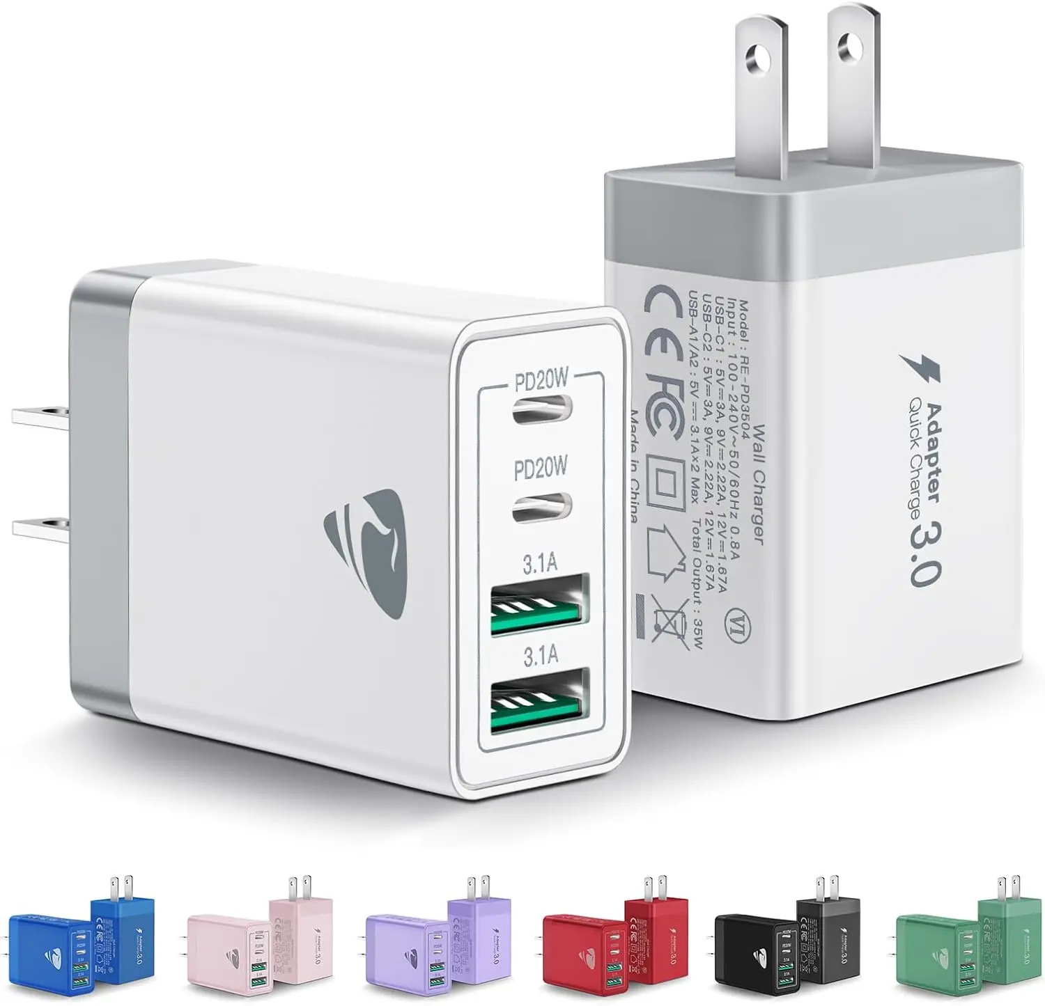 

2-Pack 40W USB C Wall Charger, 4-Port Fast Charging Block for iPhone 16 15 14 13 12 11 Pro Max, Samsung Galaxy