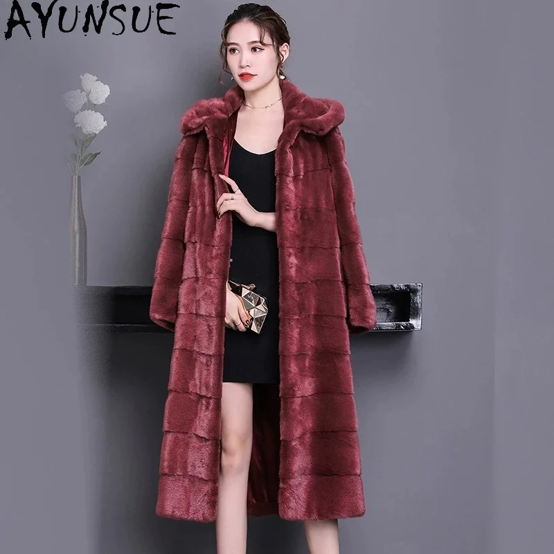 AYUNSUE 100% Whole Mink Coat Women Hoodie Real Fur Winter Clothing Natural Female Mink Womens Jackets Long 110cm معطف للنساء