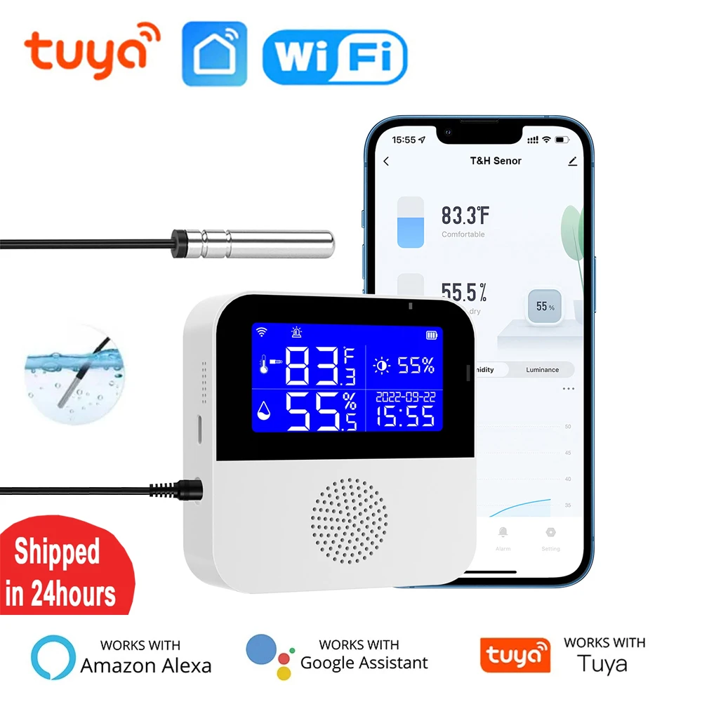 Tuya-Sensor de temperatura y humedad con WiFi, sonda de temperatura externa, termómetro inteligente para interiores, higrómetro, compatible con Alexa