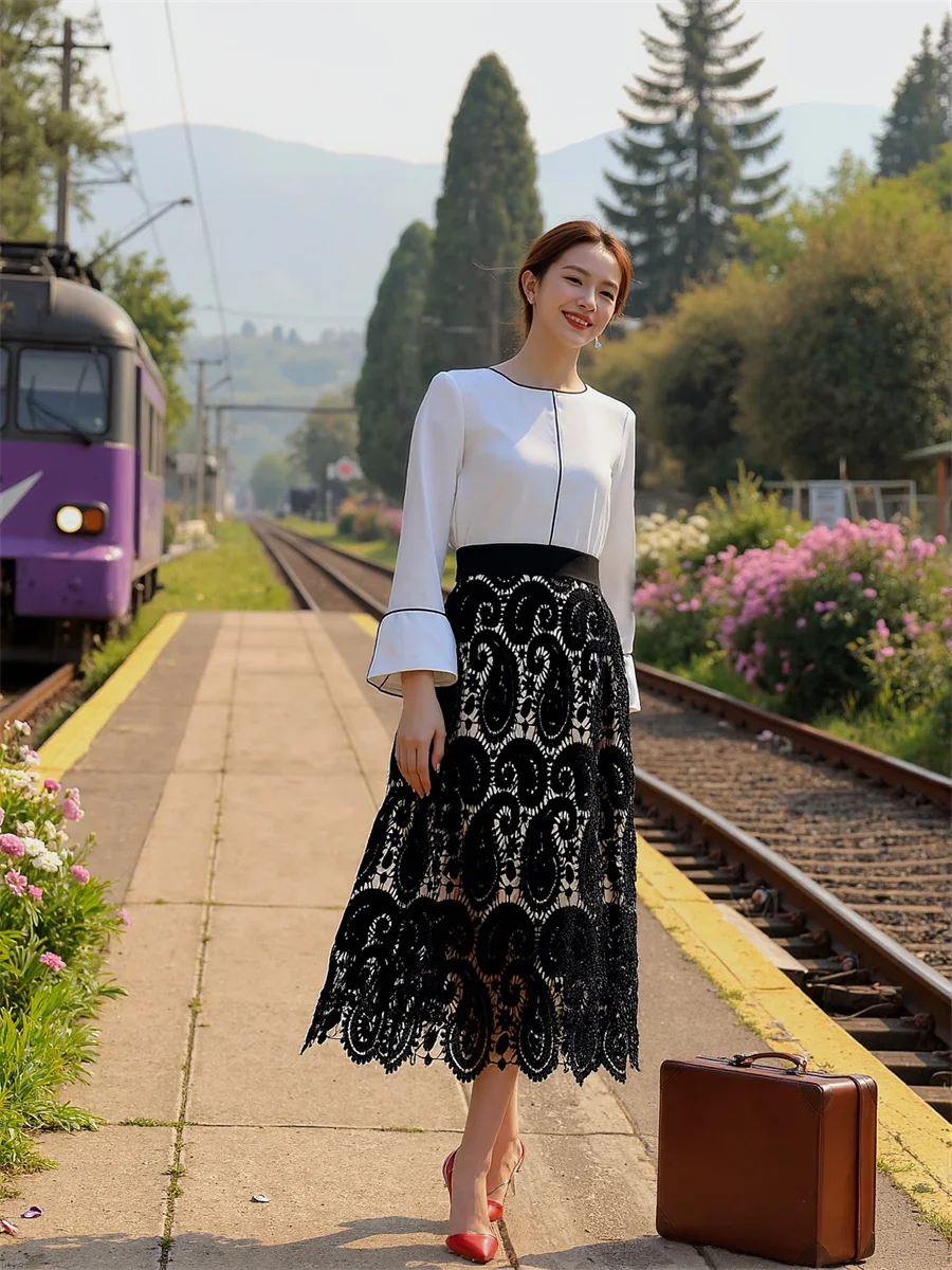 Midi dentelle Vintage jupes femmes épissage gâteau Patchwork couches plissées à plusieurs niveaux romantique élégant Feminina artistique doux polyvalent