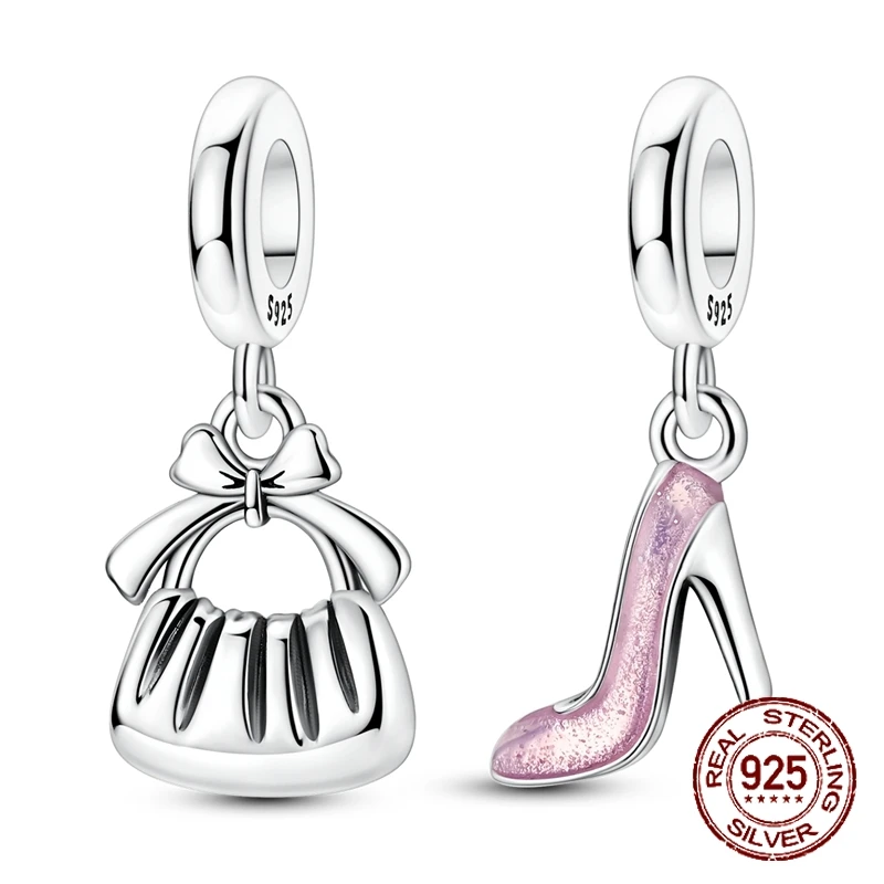 

Подвески-шармы из стерлингового серебра 925 пробы в виде сумочки и туфель на высоком каблуке с бантом и розовой блестящей эмалью, подходят для браслетов, ювелирный подарок для женщин и девушек