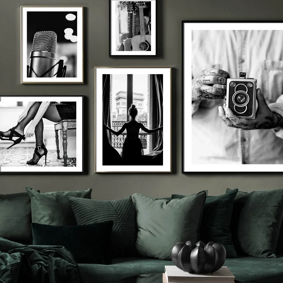 

Vintage Black Camera Guitar Woman Record Poster - Canvas Wall Art Music-Themed Print Living Room Decor