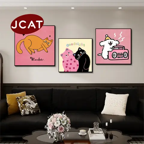 JCAT Fun Cartoon Polka Dot Cat Wall Paintings Dopamine Cream Style Decor For Living Room Kids Bedroom Bedside And Dining Room