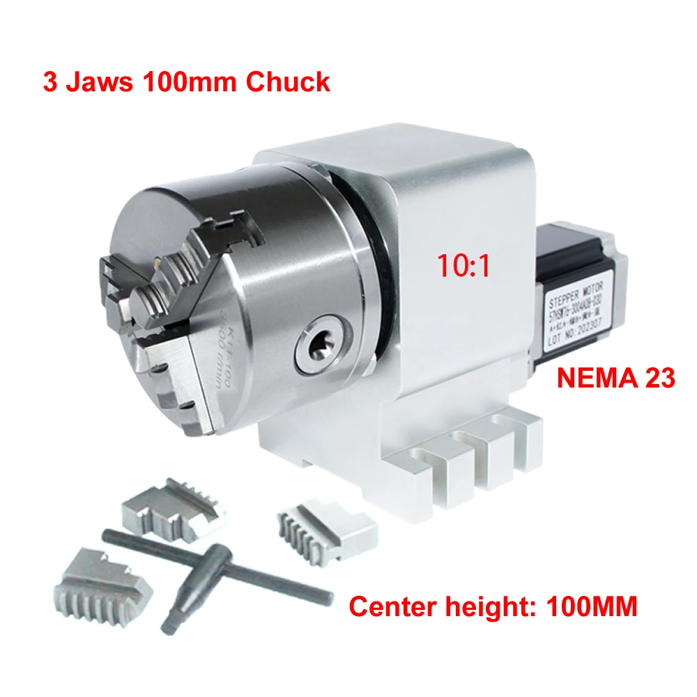 CNC A 4th Axis Rotary Axis Gearbox Reducer NEMA 23 Stepper Motor CNC Indexing Head 3/4 Jaws 100MM Chuck Engraving Machine Tool