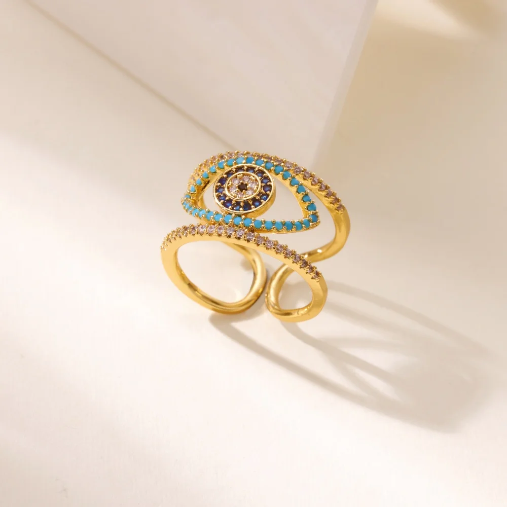 Luxury Evil Eye Rings for Women Open Hollow Stainless Steel Ring Gold Color Lucky Cubic Zirconia Jewelry Femme anillos Freeship