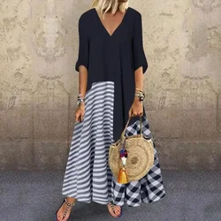 Classic striped shirt dress casual and elegant V-neck short sleeved plain printed dress long casual dress