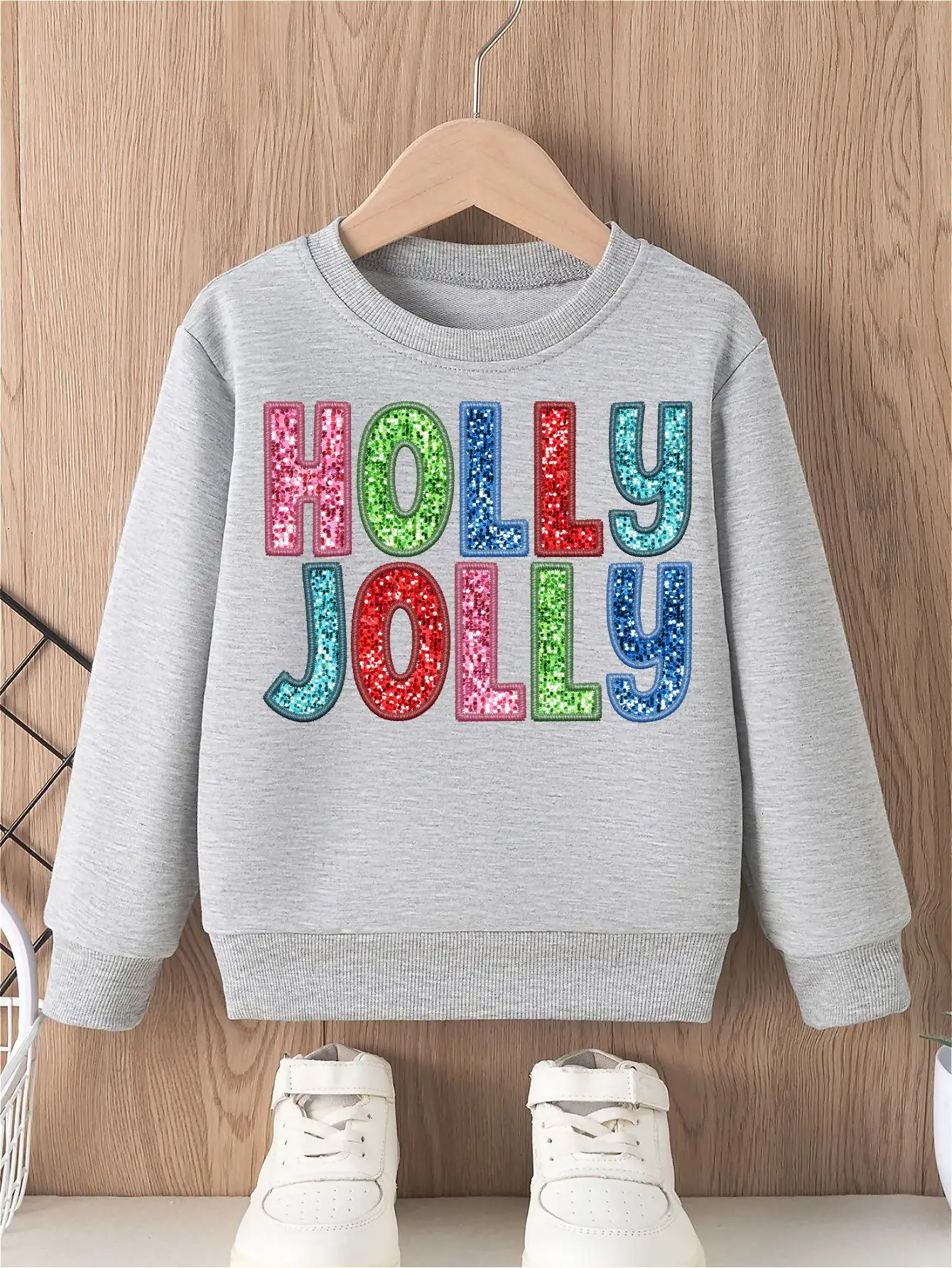 

Толстовка с блестящим узором для девочек Holly Jolly (без капюшона) для праздничных топов с круглым вырезом