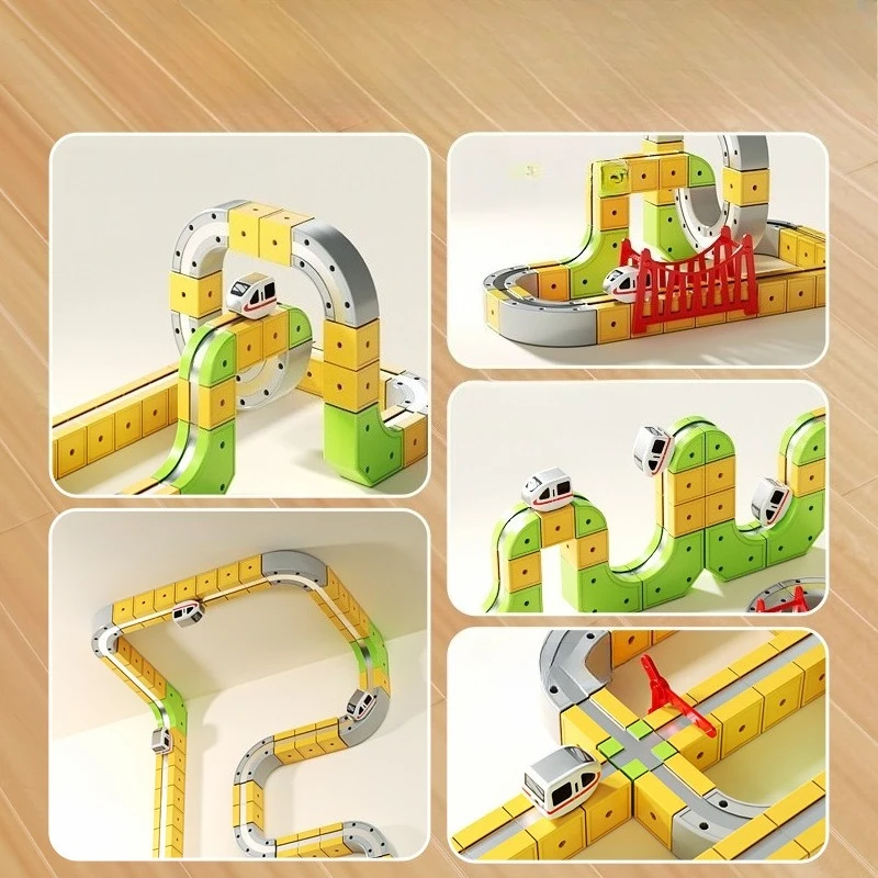 البناء المغناطيسي DIY 3D قطار لغز المسار الكهربائي سباق السيارات أطفال لعبة تعليمية الجمعية الجذعية بنة السكك الحديدية مجموعة السيارات
