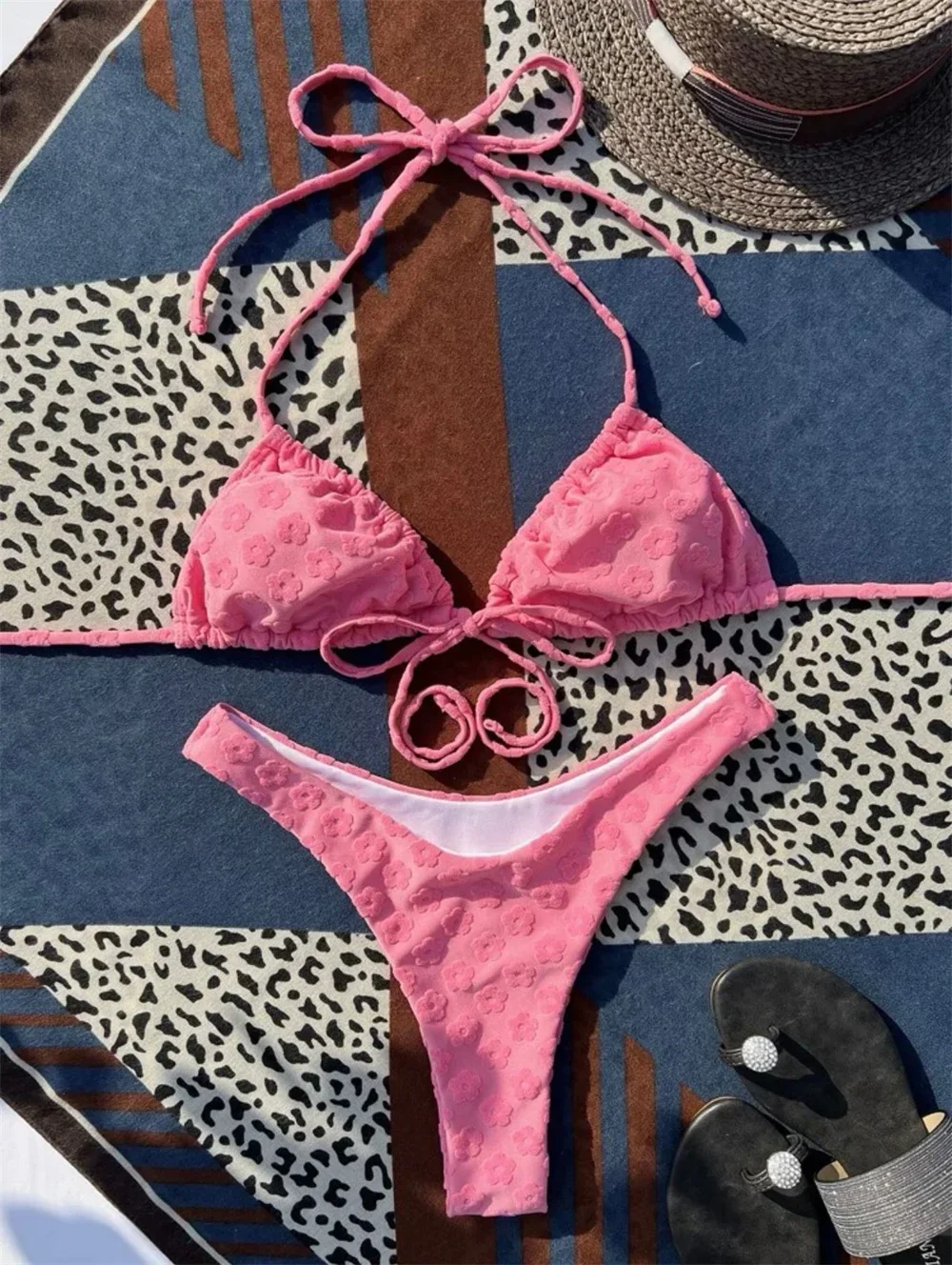 Maillot de bain deux pièces pour femmes, bikini string, dos nu, sexy, triangle, fleurs roses, Y2K, vêtements de plage