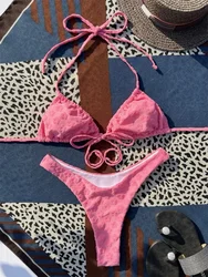 Pink Flowers Bikini String Backless Sexy Triangle Thong Swimsuit Y2K Vacation Swimwears Womens Two Piece Beach Bathing Swim Suit