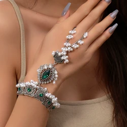 Boho Vintage Green Crystal Charm Bracelet Link Ring for Women Metal Silver Color Geometric Pearl Tassel Bracelets Indian Jewelry