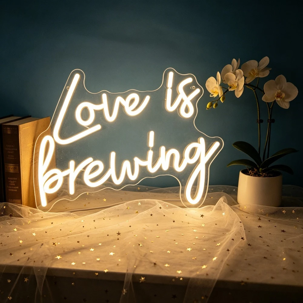 Love Is Brewing Neon Sign Wall Light USB Dimmable Night Light LED for Cafe Bar Pub Bedroom Wall Decor Coffee Lover Holiday Gift