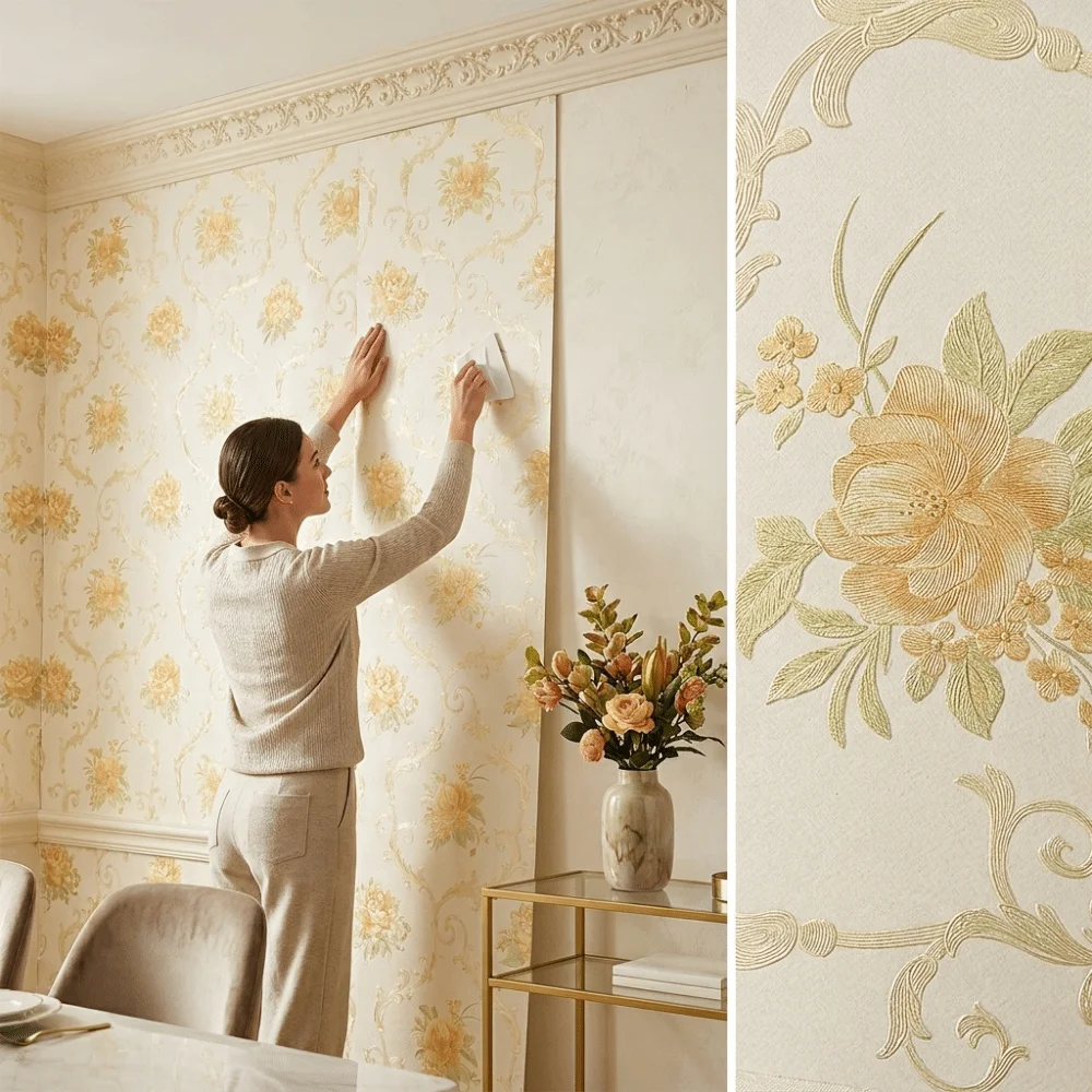 Thickened Peel and Stick Wall Sticker 3D Embossed European Style Non-Woven Wallpaper Non-Woven Material Waterproof