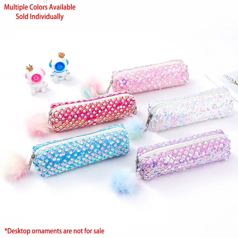Cute Bling Sequin Pencil Case Multi-Purpose Storage Bag Office School Supplies Cosmetic Brush Holder With Pom Pom Fur Pendant