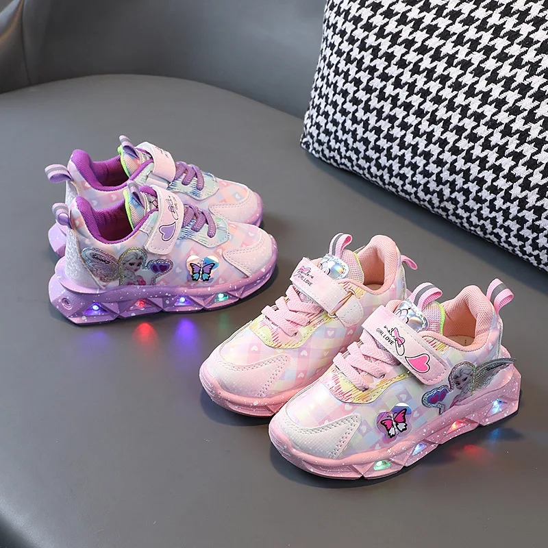 LED Light Shoes Casual Sneakers Spring Autumn Girls Light Casual Shoes Elsa Princess Print Pollen Purple