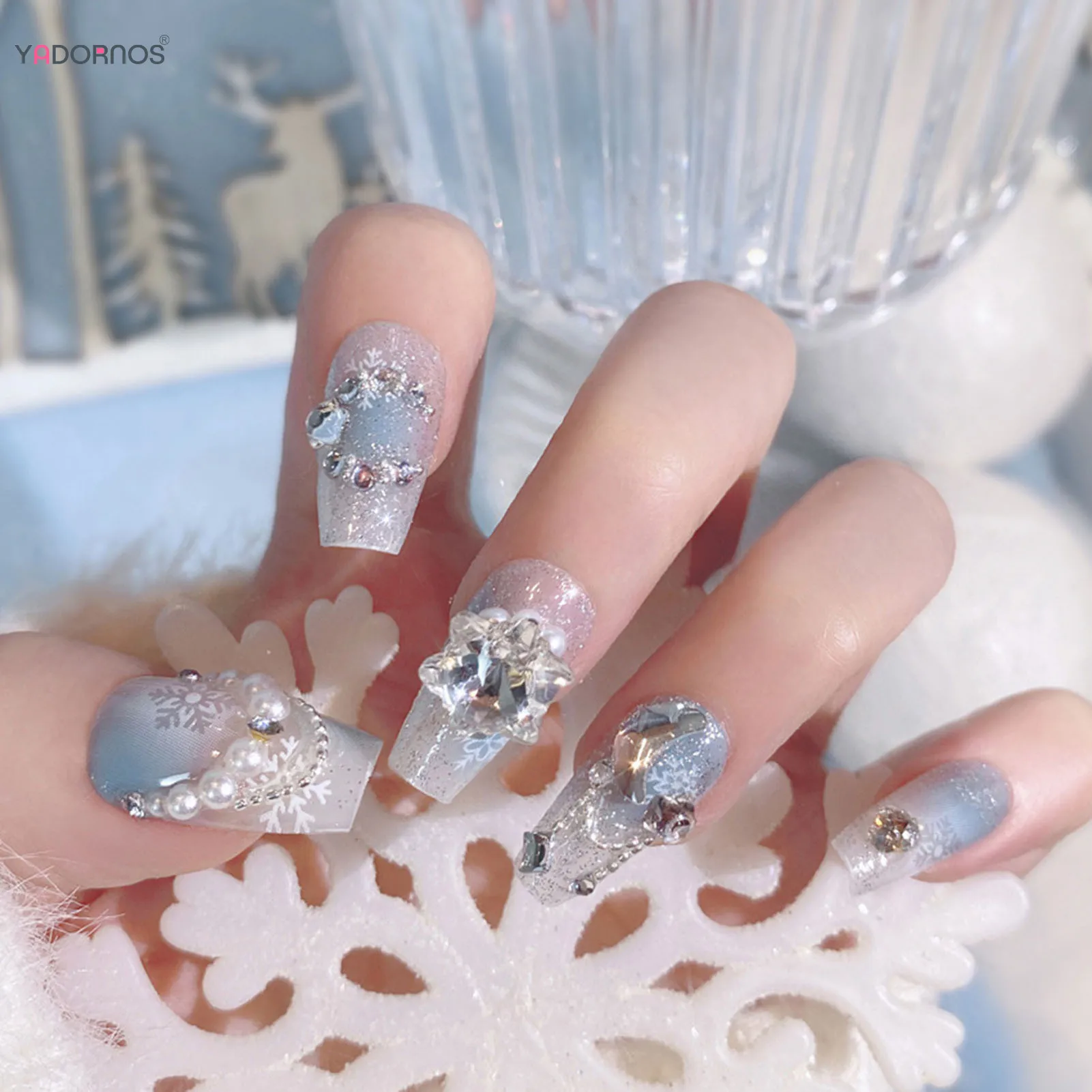 Light Blue False Nails Press on Nails with Snowflake Rhinestone Chip-Proof Smudge-Proof Fake Nails for Professional Nail Art