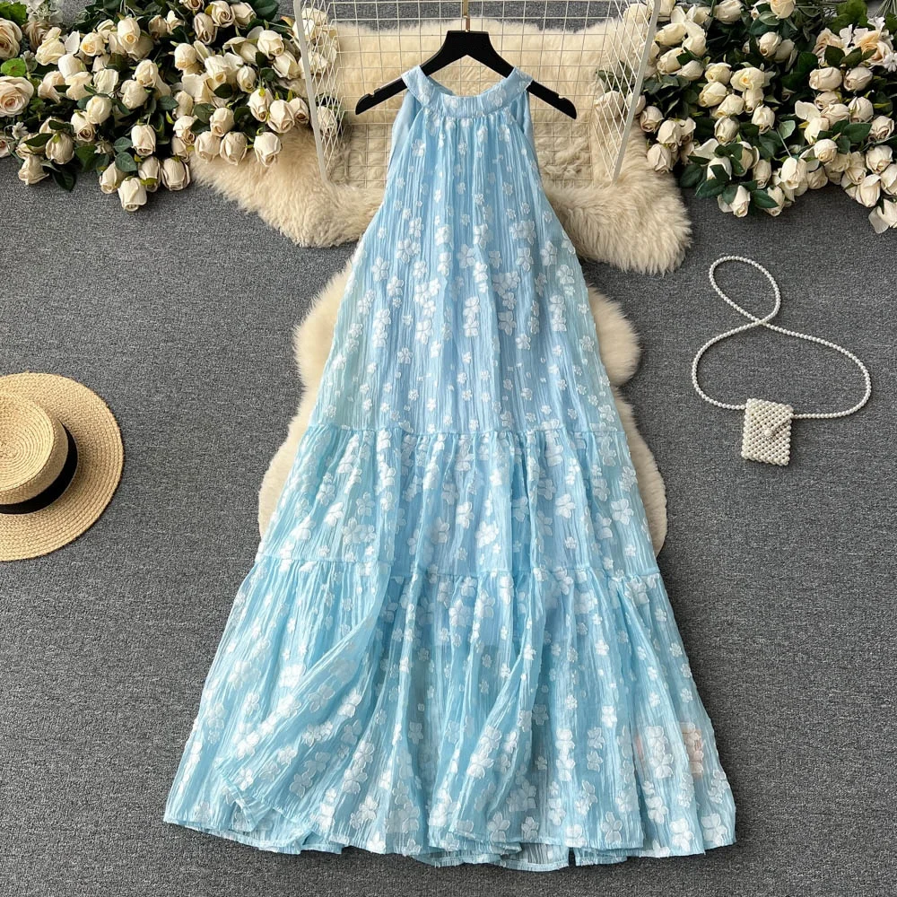 

Clothland Women Elegant Halter Midi Dress Back Bow Tie Sleeveless A Line One Piece Beach Wear Mid Calf Dresses Mujer QD790