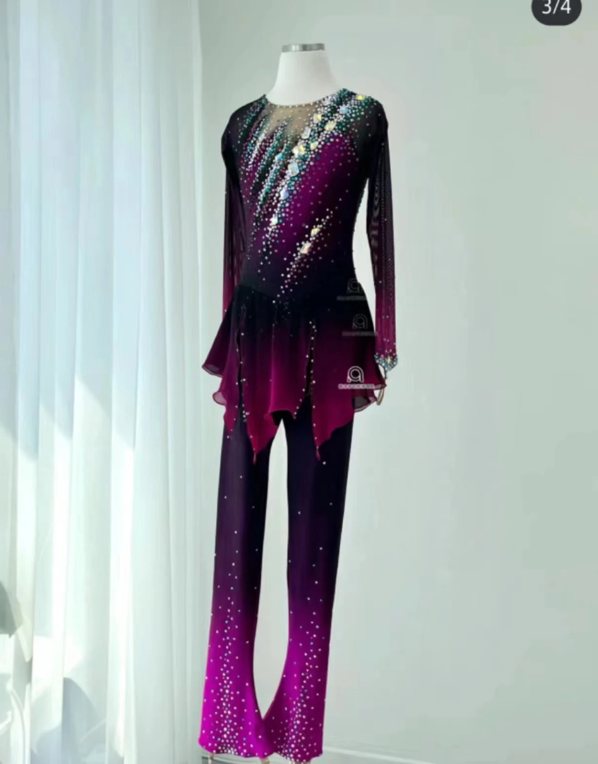 Women Rhythmic Gymnastic Leotard Shiny Handmade for Child Girl Figure Skating Dress Skirt Performance Ballet Costume Purple set