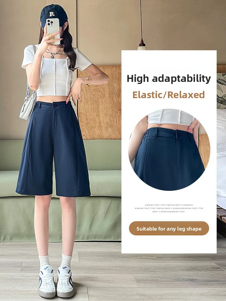 Qui Dry Sport Fünfteilige Damen-Sommerhose mit weitem Bein, lässig, gerade, Eisseide, Kargohose mit hoher Taille, Pendlerhose