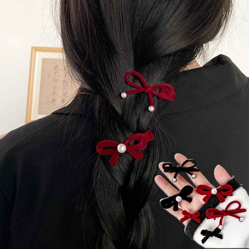 

New Year Christmas Hair Accessory Red Flocking Pearl Bow Hair Clips Elegant Temperament Small Size Bangs Clip Side Clip