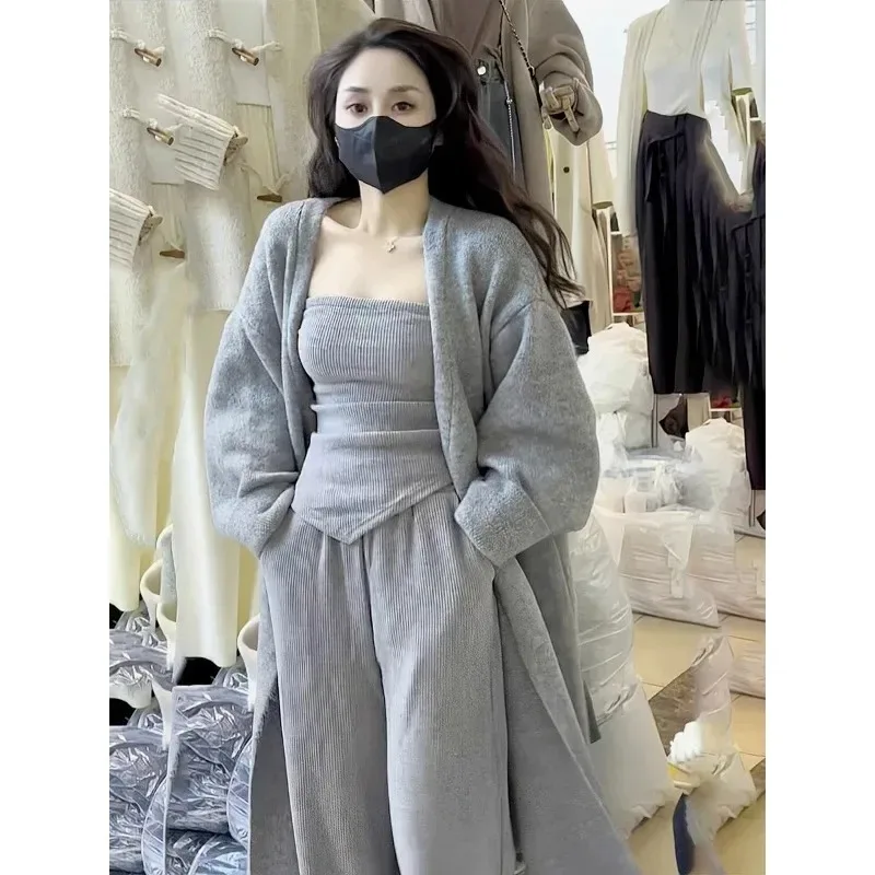 Women Irregular Bra Top Wide Leg Pants Knit Cardigan Three Piece Set Women Temperament Gentle Sweater Coat Casual Spring Suit