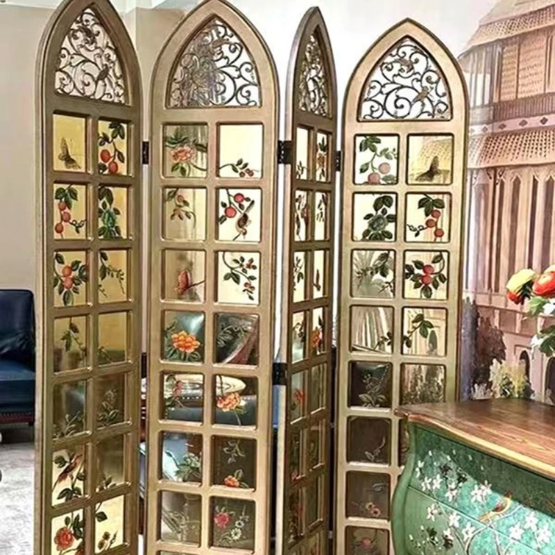 

French screen partition living room light luxury mobile folding soft partition American background art glass bedroom folding