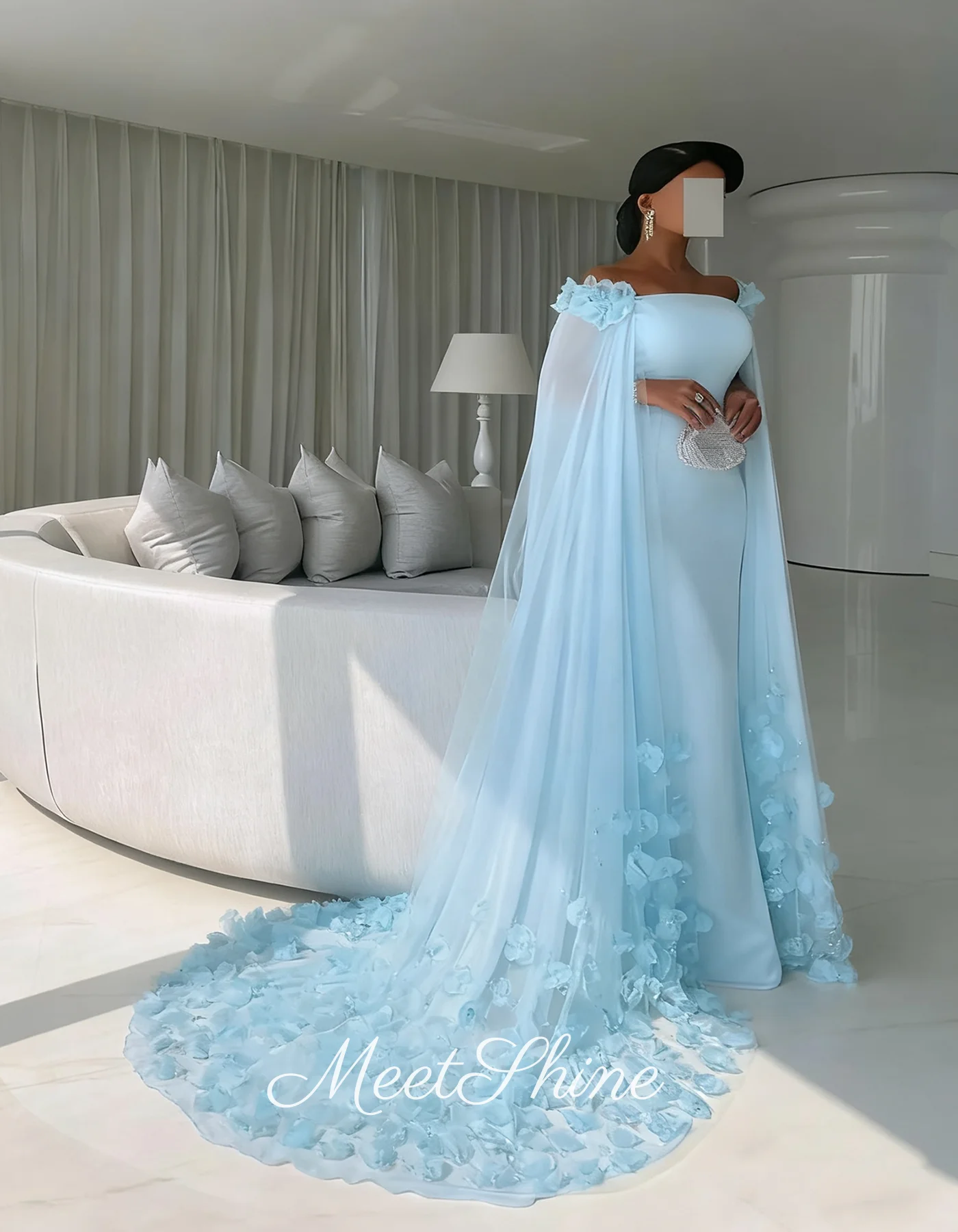 Vestidos de fiesta de noche con flores 3D de sirena elegante azul cielo, románticos con capa, vestidos de graduación personalizados, vestido para ocasiones formales para mujer