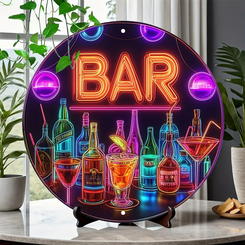 Retro Bar Metal Sign 7.8x7.8" Round Aluminum Wall Art with Colorful Drinks & Glasses for Pub Cafe Beach House Decor