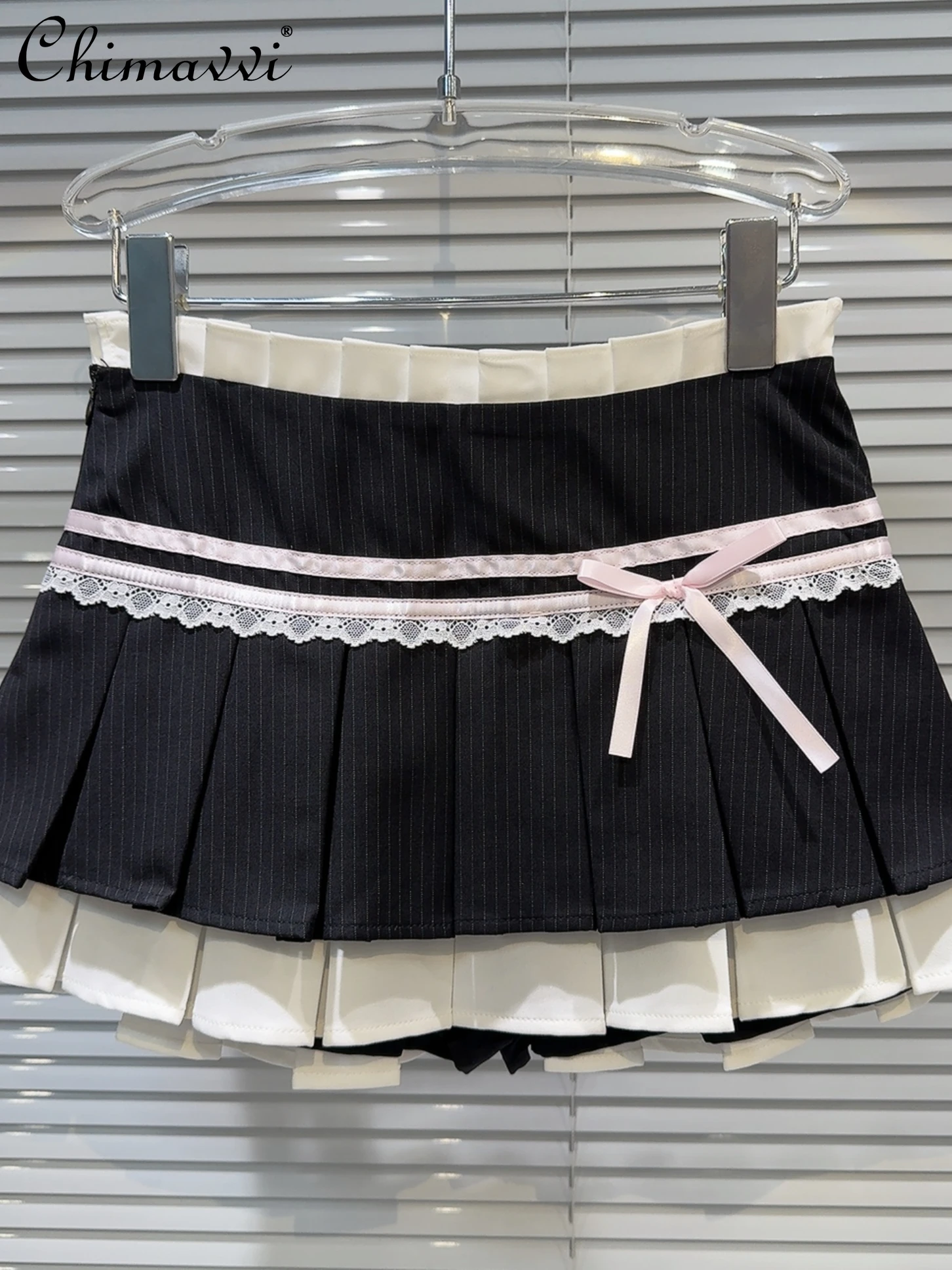 

Ladies Mini Skirt 2024 Summer Clothes New Fashion Sweet Bow Lace Strap Striped Pleated Skirt Women's Y2k Skirts All-matching