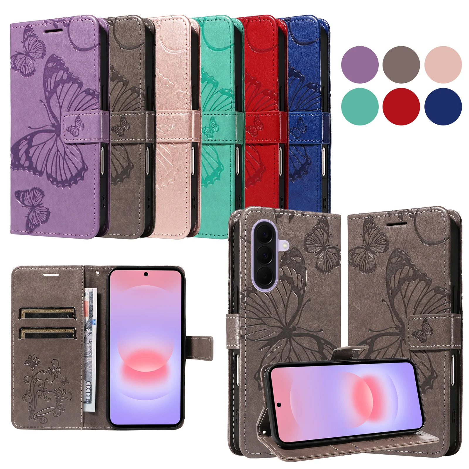 Leather Wallet Flip Case for Samsung Galaxy S22 S23 S24 S25 S26 FE Ultra Plus Edge | Butterfly  Embossed Design Card Holder