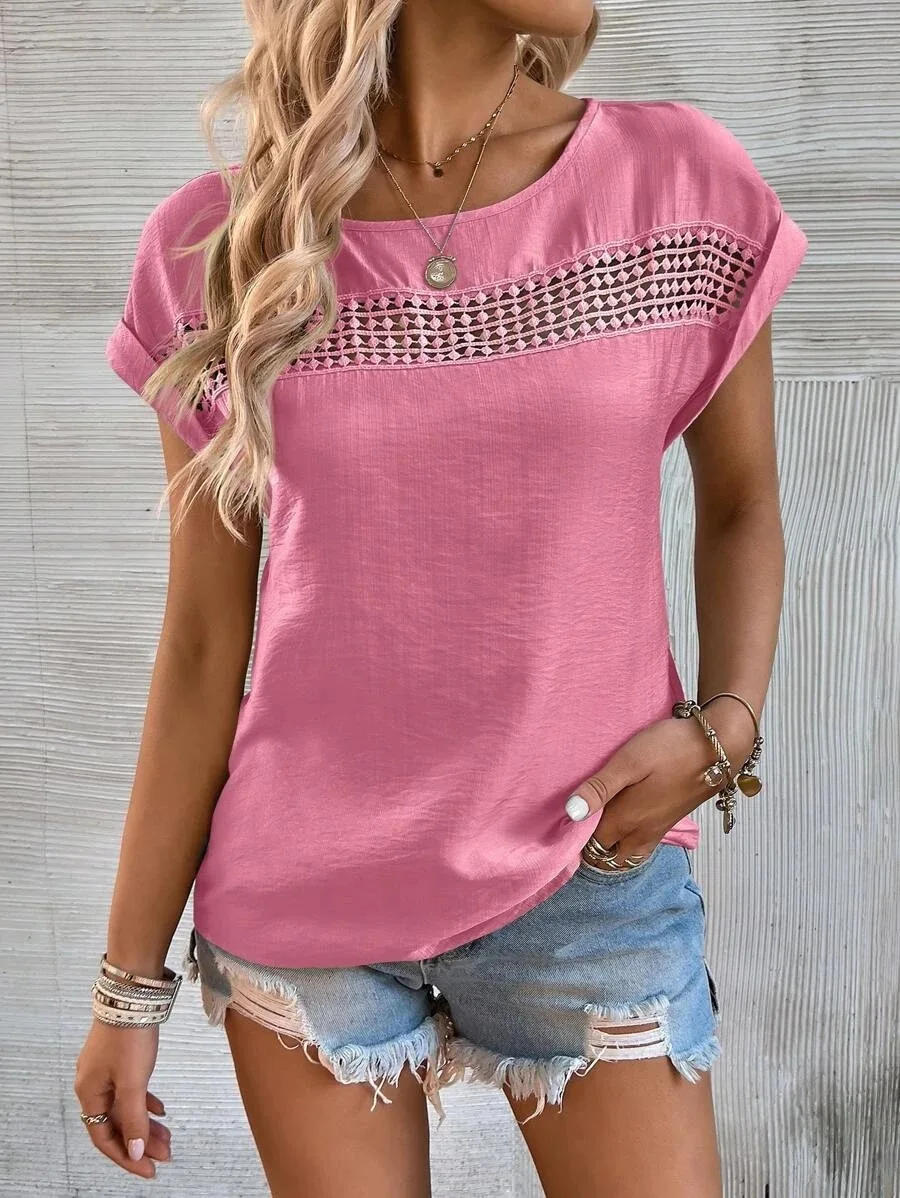 2024 Spring Summer New Cross-Border Elegant Round Neck Pullover Short Sleeves Top Hollow Out T-Shirt Women's