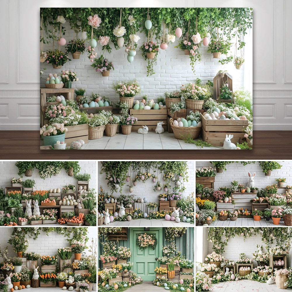 Easter Decoration Backdrop Bunny Colorful Eggs Wooden Board Wall Green Plants Leaves Spring Carrot Background Photo Studio Props