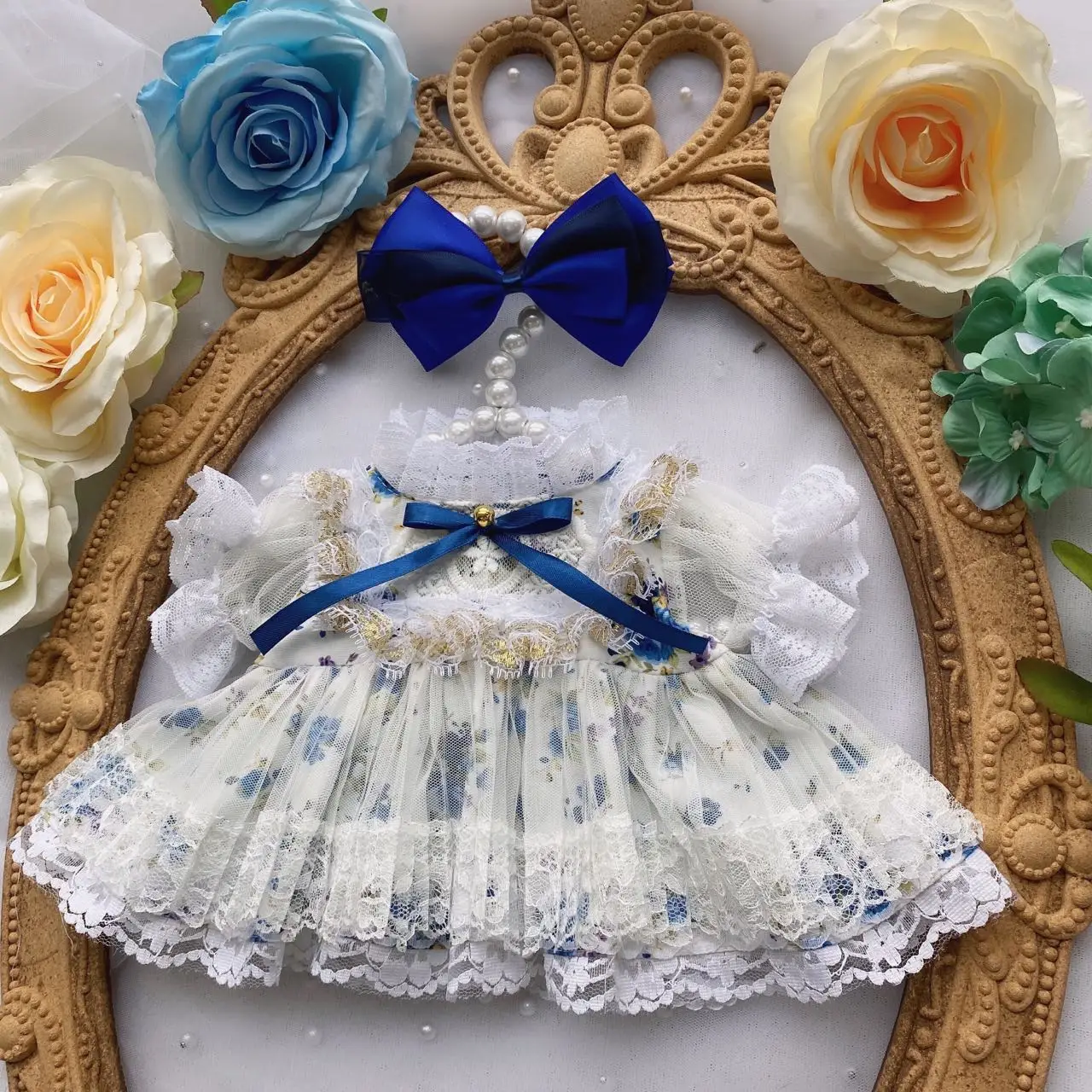 Feito à mão 2pc 15/20/40cm boneca roupas azul arco vestido de renda floral kpop bonecas de pelúcia roupa brinquedos do bebê boneca acessórios cos terno