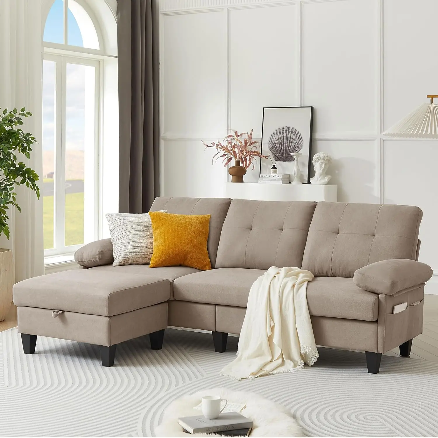 

84-дюймовый раскладной секционный диван, глубокий 3-местный L-образный диван с оттоманкой, глубокие подушки для сидений, современный льняной материал, на заказ