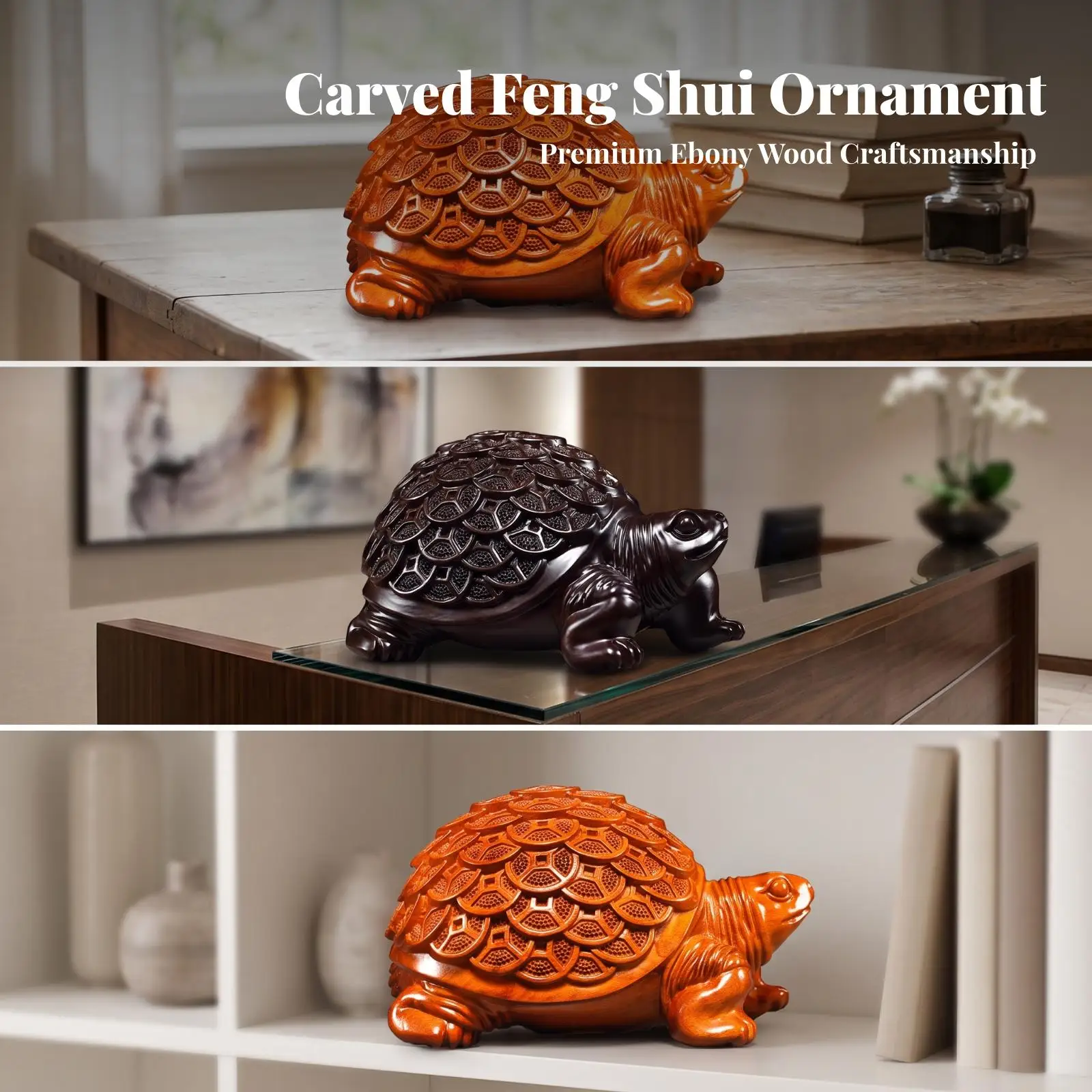 Layered Shell Ebony Wood Turtle Sculpture Smooth Finish Oriental Decoration Figurine for Home Workplace Tabletop