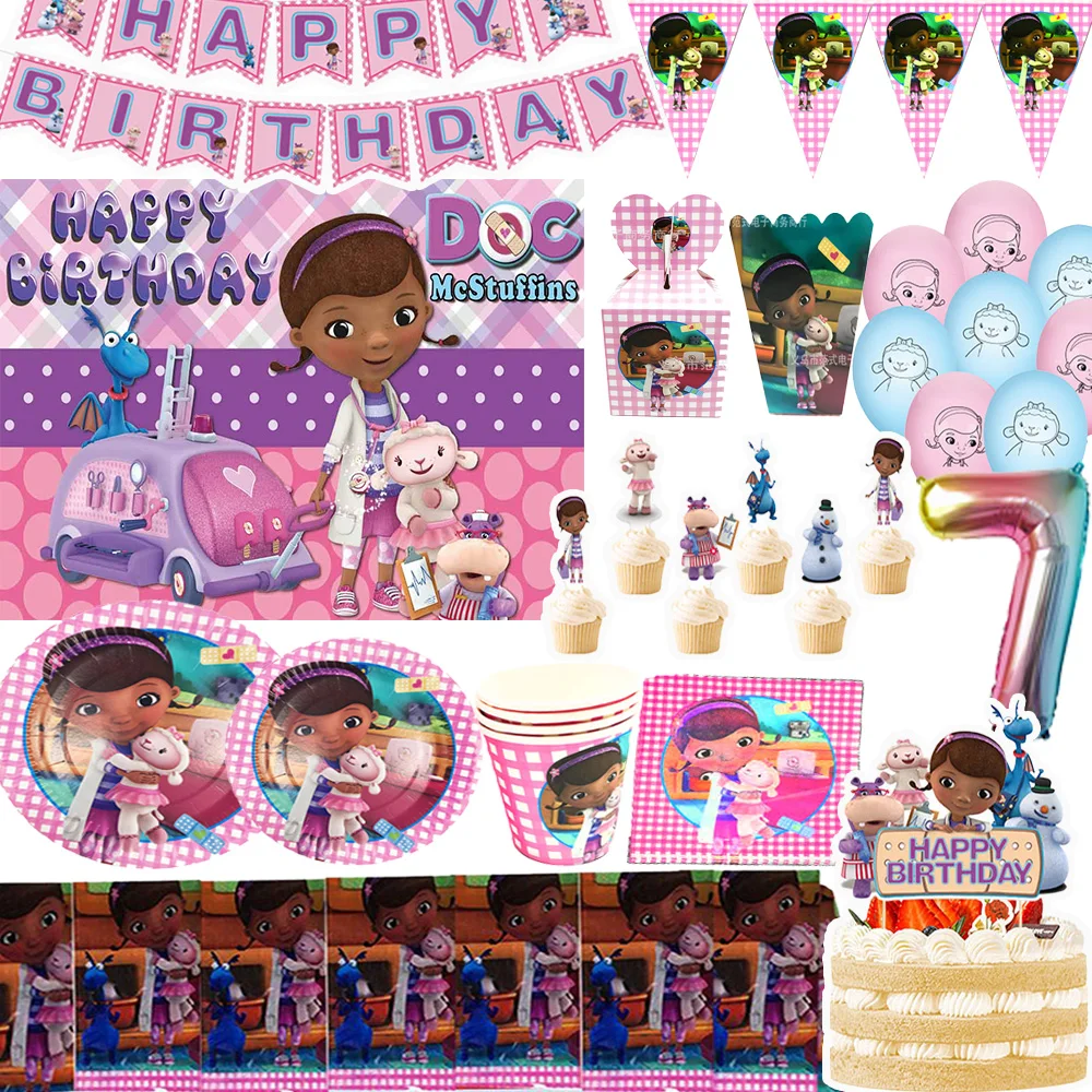 

Disney Doc McStuffins Theme Girl's Birthday Party Supplies Tableware Toy Hospital Balloon Sticker Plate Cup Backdrop Baby Shower