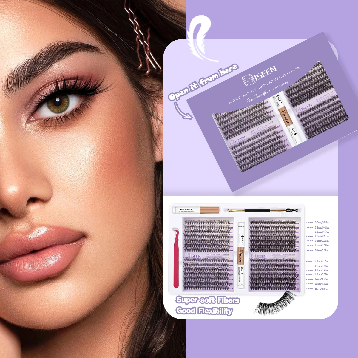 ISEEN طقم تمديد الرموش 560 قطعة مجموعات الرموش 30D + 40D 9-16 مللي متر رموش فردية مع السندات وملقط الغراء الختم