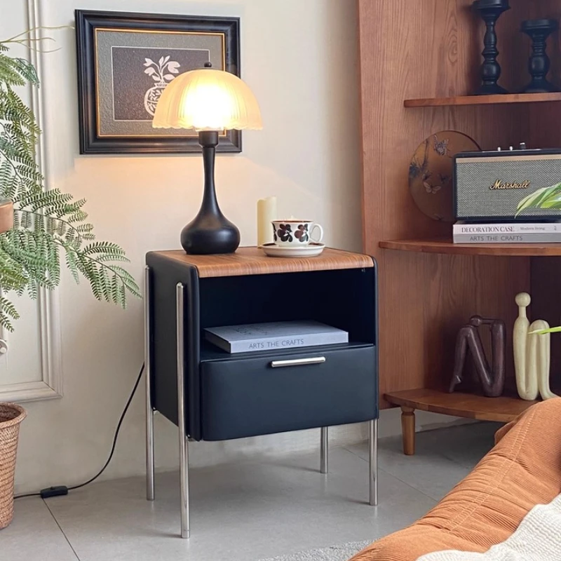 

Modern Stainless Steel Nightstand Minimalist Bedside Table with Wooden Top Storage Cabinet for Bedroom Home Chest with Drawer