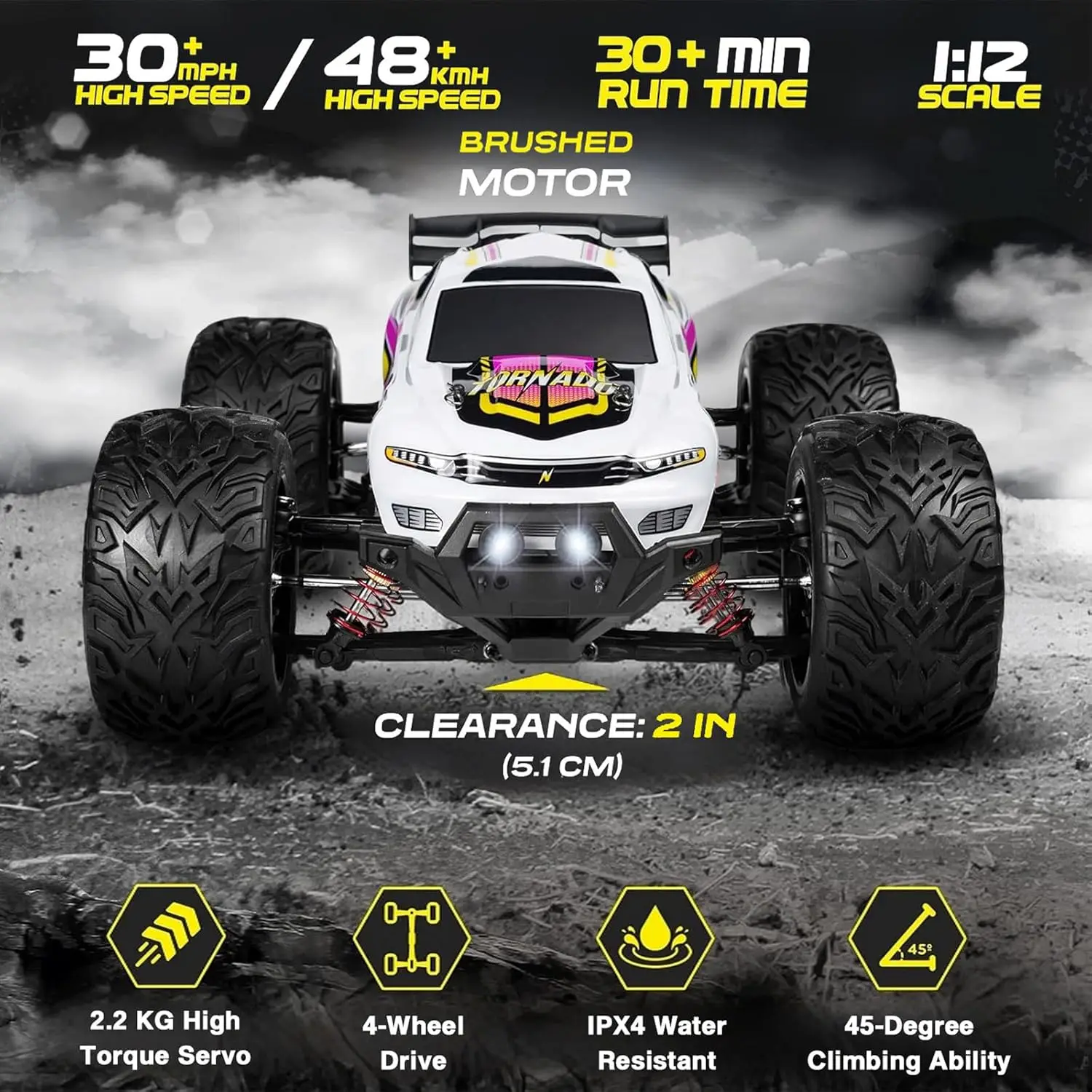 High-Speed 48kmh 4x4 RC Truck for Adults - 1:12 Scale Large Waterproof Offroad Electric Monster Car, 2 Batteries with 30+ Minute Playtime, All Terrain Remote Control Vehicle