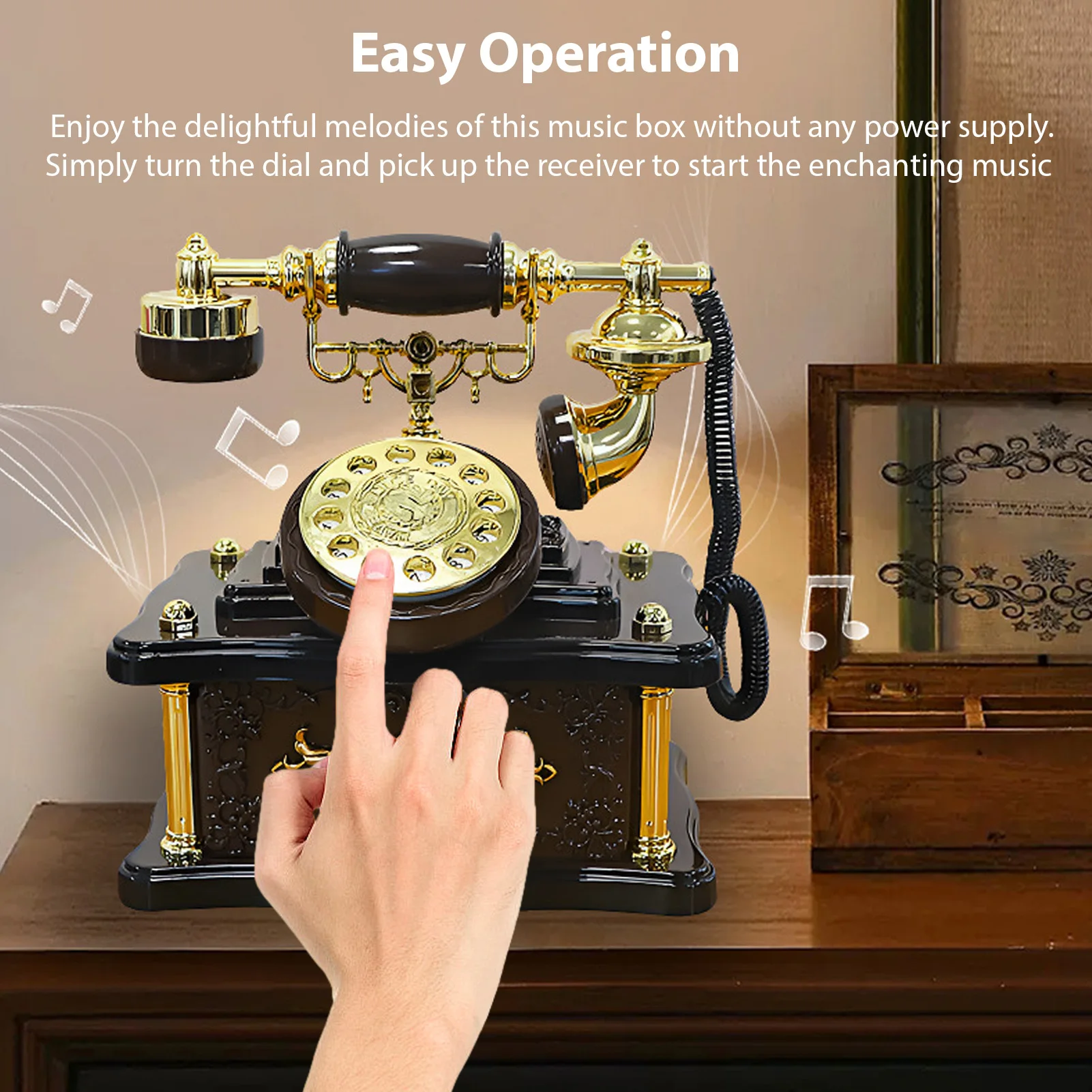 Music Box Wooden Musical Box Telephone Shape Vintage Nostalgic Old Music Box Ornaments for Birthday Holiday Gifts